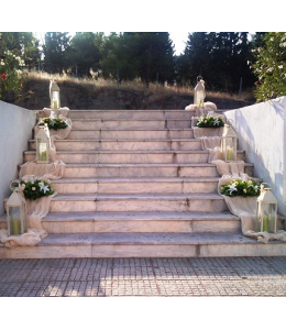 Wedding Decoration of the Church's Exterior Aisle with Roses and Lanterns