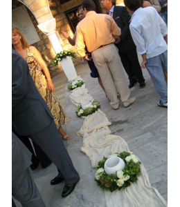 Wedding Decoration of the Church's Exterior Aisle with White Roses and Hortensia