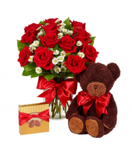 Red Roses with teddy bear and chocolate.