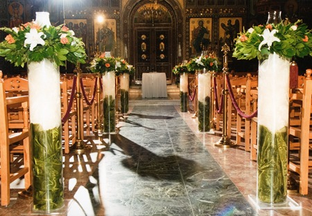 Wedding Decoration of the Church's Interior Aisle with Orange Roses