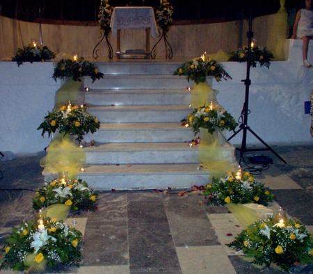 Wedding Decoration of the Church's Exterior Aisle with Yellow Roses