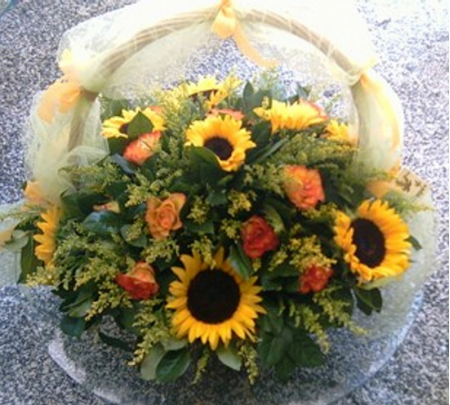 Flower Basket with Sunflowers and Orange Roses