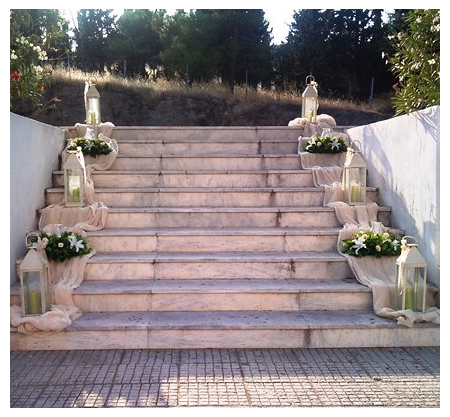 Wedding Decoration of the Church's Exterior Aisle with Roses and Lanterns