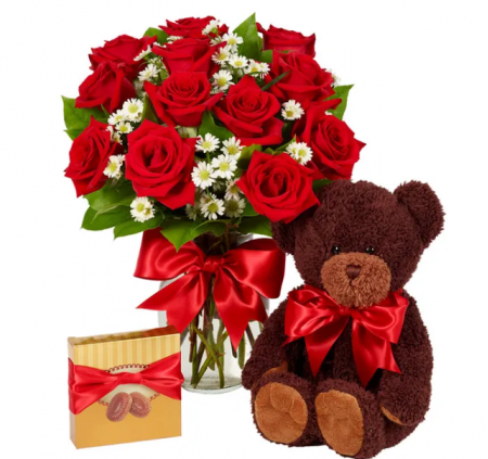 Red Roses with teddy bear and chocolate.