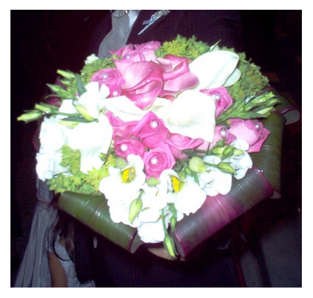 Wedding Bouquet with Aqua Roses and Fuchsia Callas