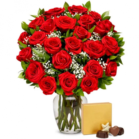 Red roses with chocolates.
