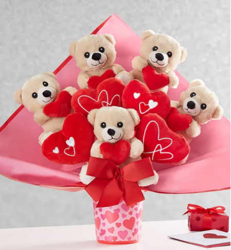 Bear hugs bouquet with stuffed animals