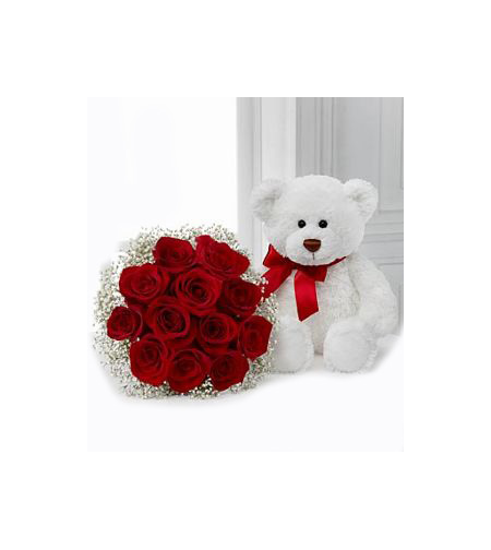 Red roses with teddy bear