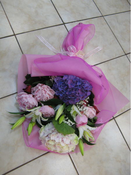 Pink and blue bouquet with hydrangea and peony