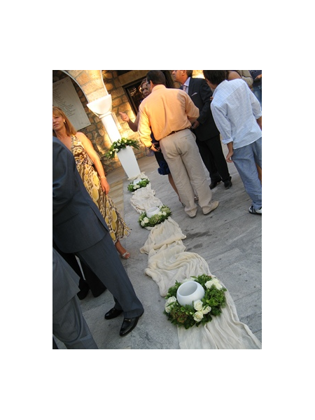 Wedding Decoration of the Church's Exterior Aisle with White Roses and Hortensia