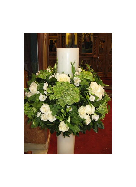 Adornment for the Wedding Candle with White Lysianthus and White Roses