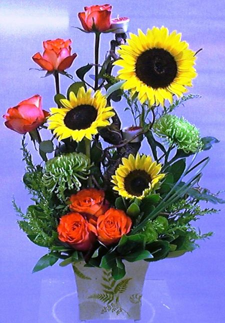 Flower Arrangement with Sunflowers and Orange Roses